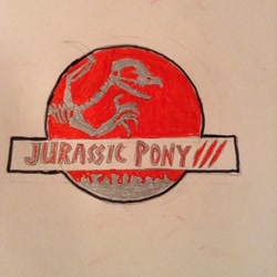 Size: 768x767 | Tagged: safe, imported from derpibooru, griffon, spinosaurus, drawing, jurassic park, jurassic park 3, logo parody, skeleton, title screen, traditional art