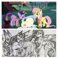 Size: 1024x1024 | Tagged: safe, artist:alexacana, imported from derpibooru, screencap, fluttershy, twilight sparkle, alicorn, classical unicorn, pegasus, pig, pony, castle sweet castle, season 5, cleaning, cloven hooves, female, leonine tail, mare, monochrome, mud, scene interpretation, traditional art, twilight sparkle (alicorn)