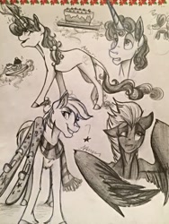 Size: 1024x1365 | Tagged: safe, artist:alexacana, imported from derpibooru, double diamond, night glider, party favor, sugar belle, equal four, monochrome, traditional art