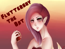 Size: 1600x1200 | Tagged: safe, artist:prostohuman, imported from derpibooru, fluttershy, human, apple, female, flutterbat, humanized, solo, winged humanization