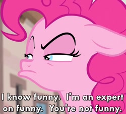 Size: 550x500 | Tagged: safe, imported from derpibooru, screencap, pinkie pie, the cutie map, caption, female, floppy ears, frown, glare, i'm watching you, image macro, reaction image, solo, unamused, when she doesn't smile