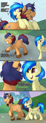 Size: 900x2359 | Tagged: safe, artist:meggchan, imported from derpibooru, oc, oc only, oc:electric spark, oc:silvia, pegasus, pony, unicorn, comic:spark of interest, comic, cute, giggling, goggles, hug, outdoors, silspark, smiling, this will end in porn, walking