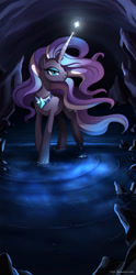 Size: 694x1404 | Tagged: safe, artist:ruhje, imported from derpibooru, nightmare rarity, cave, female, magic, solo, water