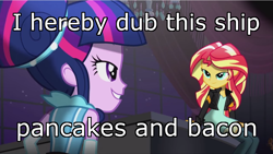 Size: 853x480 | Tagged: safe, edit, edited screencap, imported from derpibooru, screencap, sunset shimmer, twilight sparkle, equestria girls, friendship through the ages, alternate hairstyle, bacon, bacon hair, bacon pancakes, bedroom eyes, caption, female, grin, i'm pancake, image macro, lesbian, meme, musical instrument, pancakes, piano, shipping, sitting, smiling, sunsetsparkle