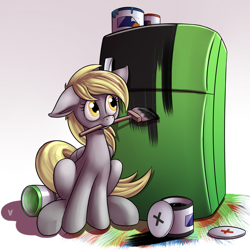 Size: 2000x2000 | Tagged: safe, artist:php87, imported from derpibooru, derpy hooves, brush, female, paint, refrigerator, simple background, solo, underp