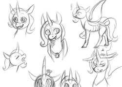 Size: 1280x924 | Tagged: safe, artist:animalstamp, imported from derpibooru, queen chrysalis, trixie, changeling, monochrome, race swap, sketch