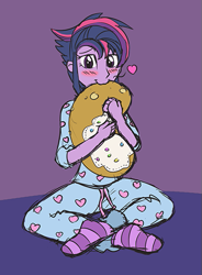 Size: 441x599 | Tagged: safe, artist:caroo, imported from derpibooru, twilight sparkle, equestria girls, alternate hairstyle, blushing, clothes, cute, female, i'm pancake, pajamas, punklight sparkle, sketch, socks, solo, striped socks