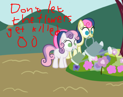 Size: 490x385 | Tagged: safe, imported from derpibooru, bon bon, sweetie belle, sweetie drops, earth pony, pony, robot, robot pony, unicorn, advice, blank flank, female, filly, flower, foal, hooves, horn, mare, sweetie bot, teeth, watering can