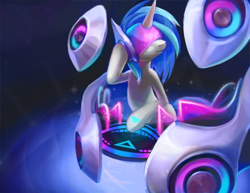 Size: 1500x1156 | Tagged: safe, artist:foxvanity, imported from derpibooru, dj pon-3, vinyl scratch, pony, unicorn, console, crossover, dj sona, female, headphones, league of legends, solo, sona