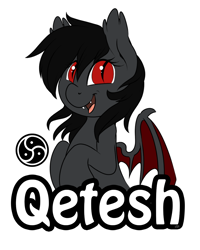 Size: 962x1200 | Tagged: safe, artist:meggchan, imported from derpibooru, oc, oc only, oc:qetesh, bat pony, pony, badge, con badge, fangs