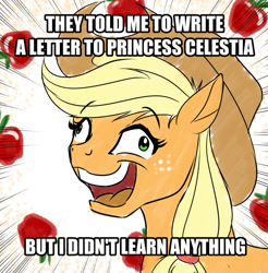 Size: 979x996 | Tagged: safe, artist:mykegreywolf, imported from derpibooru, applejack, the cutie map, the super speedy cider squeezy 6000, apple, crossing the memes, derp, female, i didn't learn anything, i didn't listen, image macro, meme, open mouth, smiling, solo, wide eyes