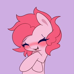 Size: 900x900 | Tagged: safe, artist:joyfulinsanity, imported from derpibooru, pinkie pie, earth pony, pony, blushing, cute, diapinkes, eyes closed, female, open mouth, ponk, purple background, simple background, smiling, solo