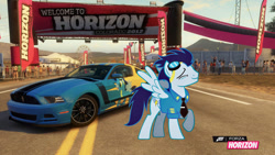 Size: 1024x576 | Tagged: safe, artist:equestianracer, imported from derpibooru, soarin', pony, car, clothes, ford, ford mustang, ford mustang boss 302, forza horizon, itasha, male, mustang, solo, uniform, wonderbolts uniform