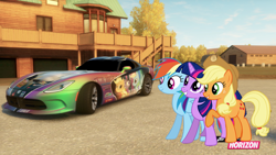 Size: 1024x576 | Tagged: safe, artist:equestianracer, imported from derpibooru, applejack, rainbow dash, twilight sparkle, pony, car, dodge (car), dodge viper, forza horizon, group, itasha, srt viper, trio