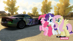 Size: 1280x720 | Tagged: safe, artist:equestianracer, imported from derpibooru, fluttershy, pinkie pie, rarity, pony, car, dodge (car), dodge viper, forza horizon, group, itasha, srt viper, trio