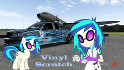 Size: 1280x720 | Tagged: safe, artist:equestianracer, imported from derpibooru, dj pon-3, vinyl scratch, pony, equestria girls, car, female, forza horizon, itasha, plane, saleen, saleen s331, solo, truck