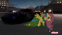 Size: 1280x720 | Tagged: safe, artist:equestianracer, imported from derpibooru, fluttershy, car, clothes, dress, female, forza horizon, gala dress, night, pagani, pagani huayra, solo