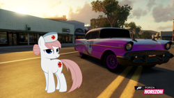 Size: 1280x720 | Tagged: safe, artist:equestianracer, imported from derpibooru, nurse redheart, 57 chevy, bel air, car, chevrolet, city, female, forza horizon, solo