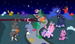 Size: 1000x579 | Tagged: safe, artist:magerblutooth, imported from derpibooru, diamond tiara, princess luna, tiberius, oc, oc:dazzle, cat, collar, dream, dream walker luna, multiple personality, pet, pet oc