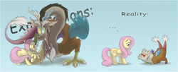 Size: 1700x695 | Tagged: safe, artist:celestiathegreatest, imported from derpibooru, discord, fluttershy, draconequus, pegasus, pony, ..., duo, expectation vs reality, fangs, floppy ears, open mouth, tail wag, tongue out