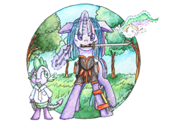 Size: 800x566 | Tagged: safe, artist:0okami-0ni, imported from derpibooru, princess celestia, spike, twilight sparkle, crossover, katana, shaman king, sword, weapon