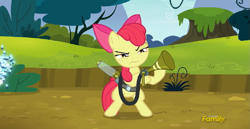 Size: 777x402 | Tagged: safe, imported from derpibooru, screencap, apple bloom, twittermite, bloom and gloom, season 5, bipedal, discovery family logo, game face, solo, twitbuster apple bloom