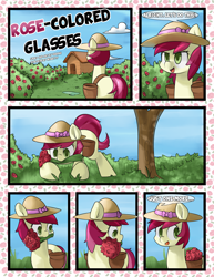 Size: 1932x2500 | Tagged: safe, artist:marble-soda, imported from derpibooru, roseluck, comic:rose-colored glasses, comic, flower, garden, ponytails, rose