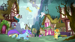 Size: 1280x720 | Tagged: safe, imported from derpibooru, screencap, berry punch, berryshine, bon bon, bunny moon, carrot top, daisy, derpy hooves, flower wishes, golden harvest, lemon hearts, lightning bolt, orchid dew, sassaflash, sea swirl, seafoam, sunshower raindrops, sweetie drops, twinkleshine, white lightning, earth pony, pegasus, pony, unicorn, bloom and gloom, discovery family, discovery family logo, female, flying, mare, missing horn, race swap