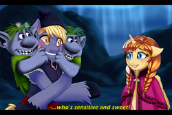 Size: 1499x1000 | Tagged: safe, artist:kikuri-tan, imported from derpibooru, alicorn, anna, crossover, frozen (movie), kristoff, ponified, troll, trolls