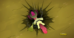 Size: 1359x697 | Tagged: safe, imported from derpibooru, screencap, apple bloom, bloom and gloom, burnt, female, pest control gear, shocked, solo, soot, twitbuster apple bloom