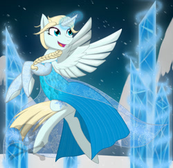 Size: 1000x971 | Tagged: safe, artist:evilfurryskull, imported from derpibooru, alicorn, pony, clothes, dress, elsa, frozen (movie), ice, magic, open mouth, ponified, smiling, snow, snowfall, solo, spread wings