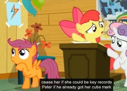 Size: 647x461 | Tagged: safe, imported from derpibooru, screencap, apple bloom, scootaloo, sweetie belle, bloom and gloom, cutie mark crusaders, meme, rainbow dash poster, youtube caption