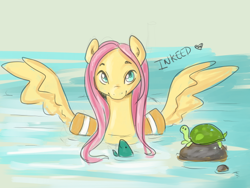 Size: 540x405 | Tagged: safe, artist:inkeed, imported from derpibooru, fluttershy, fish, turtle, cute, female, my little art challenge, shyabetes, solo, water, water wings