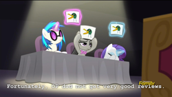Size: 1280x720 | Tagged: safe, edit, imported from derpibooru, screencap, dj pon-3, octavia melody, rarity, vinyl scratch, duck, bloom and gloom, discovery family logo, exploitable meme, in-joke, magic, magic aura, meme, music judges meme, op is a duck (reaction image), reaction image, vinyl and octavia are not impressed