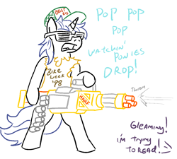 Size: 1017x917 | Tagged: safe, artist:jargon scott, imported from derpibooru, shining armor, dialogue, gleaming shield, hat, implied dusk shine, narf, nerf, nerf gun, rule 63, shutter shades, sunglasses, wifebeater