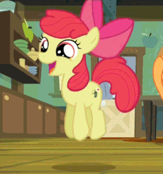 Size: 508x540 | Tagged: safe, imported from derpibooru, screencap, apple bloom, applejack, earth pony, pony, bloom and gloom, adorabloom, animated, cute, female, filly, happy, jumping, loop, mare, open mouth, pronking, smiling, solo focus