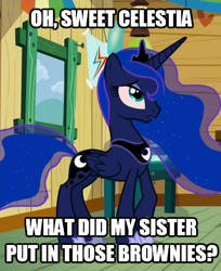 Size: 440x540 | Tagged: safe, edit, imported from derpibooru, screencap, princess luna, bloom and gloom, drugs, high, image macro, meme, pot brownies, red eyes, stoned