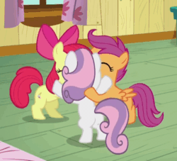 Size: 660x600 | Tagged: safe, imported from derpibooru, screencap, apple bloom, scootaloo, sweetie belle, earth pony, pegasus, pony, unicorn, bloom and gloom, season 5, animated, cutie mark crusaders, eyes closed, female, filly, group hug, jumping