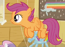 Size: 578x423 | Tagged: safe, edit, edited screencap, imported from derpibooru, screencap, scootaloo, pegasus, pony, unicorn, bloom and gloom, animated, balloon rainbow dash, blank flank, cute, cutealoo, female, filly, flapping, flapping wings, flying, foal, loop, lucid dreaming, nyan dash, poster, scootaloo can fly, smiling, wings