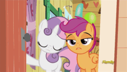 Size: 568x320 | Tagged: safe, imported from derpibooru, screencap, scootaloo, sweetie belle, bloom and gloom, animated, disdain, female, scootaloo is not amused, unamused