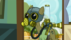 Size: 1920x1080 | Tagged: safe, imported from derpibooru, screencap, max raid, earth pony, pony, bloom and gloom, gas mask, male, pest control pony, solo, stallion