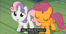 Size: 1600x830 | Tagged: safe, imported from derpibooru, screencap, scootaloo, sweetie belle, bloom and gloom, meme, youtube caption