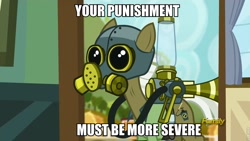 Size: 960x540 | Tagged: safe, edit, edited screencap, imported from derpibooru, screencap, max raid, earth pony, pony, bloom and gloom, bane, baneposting, cropped, discovery family, discovery family logo, male, mask, pest control gear, pest control pony, roflbot, solo, the dark knight rises