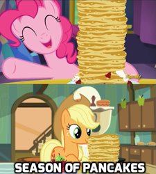 Size: 633x702 | Tagged: safe, edit, imported from derpibooru, screencap, applejack, pinkie pie, bloom and gloom, castle sweet castle, caption, image macro, pancakes