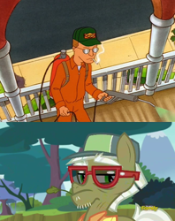 Size: 414x524 | Tagged: safe, edit, edited screencap, imported from derpibooru, screencap, max raid, earth pony, human, pony, bloom and gloom, cigarette, comparison, cropped, dale gribble, duo, exterminator, glasses, king of the hill, male, pest control pony, smoking, solo