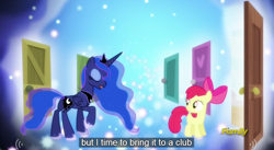 Size: 842x463 | Tagged: safe, imported from derpibooru, screencap, apple bloom, princess luna, bloom and gloom, club, dream walker luna, meme, youtube caption