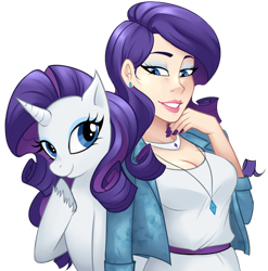 Size: 1000x1014 | Tagged: safe, artist:emberfan11, imported from derpibooru, rarity, human, breasts, busty rarity, cleavage, female, human ponidox, humanized, necklace, unshorn fetlocks