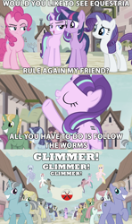 Size: 1280x2160 | Tagged: safe, imported from derpibooru, screencap, amethyst skim, barren hymn, blueberry frosting, cloud brûlée, dusk drift, ivy vine, magnolia blush, offbeat, pinkie pie, rarity, sheer silk, starlight glimmer, twilight sparkle, alicorn, pony, the cutie map, background pony, banner, currant dust, equal cutie mark, equal town banner, female, flower flight, hammer, in our town, marching, mare, mocha almond, moon dust, moonstone (g4), parody, pepperjack, pink floyd, propaganda, rosemary, s5 starlight, smiling, song reference, the wall, twilight sparkle (alicorn), waiting for the worms, white marble