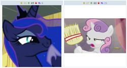 Size: 513x275 | Tagged: safe, imported from derpibooru, princess luna, sweetie belle, derpibooru, bloom and gloom, exploitable meme, juxtaposition, juxtaposition win, meme, meta, mop