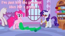 Size: 1005x565 | Tagged: safe, imported from derpibooru, screencap, pinkie pie, rarity, fabric, image macro, meme, pink text